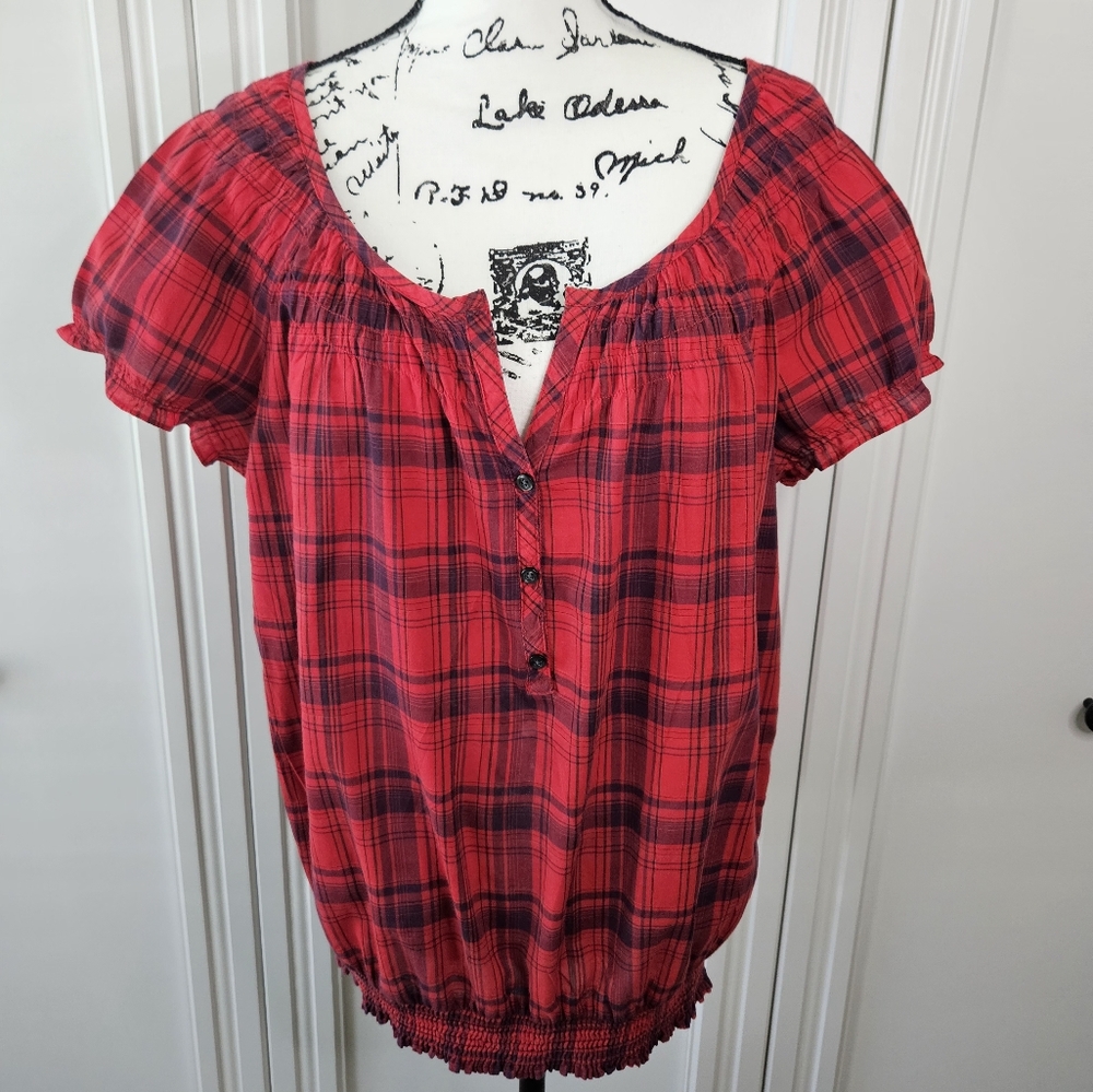 Old Navy Red Plaid Blousan Top